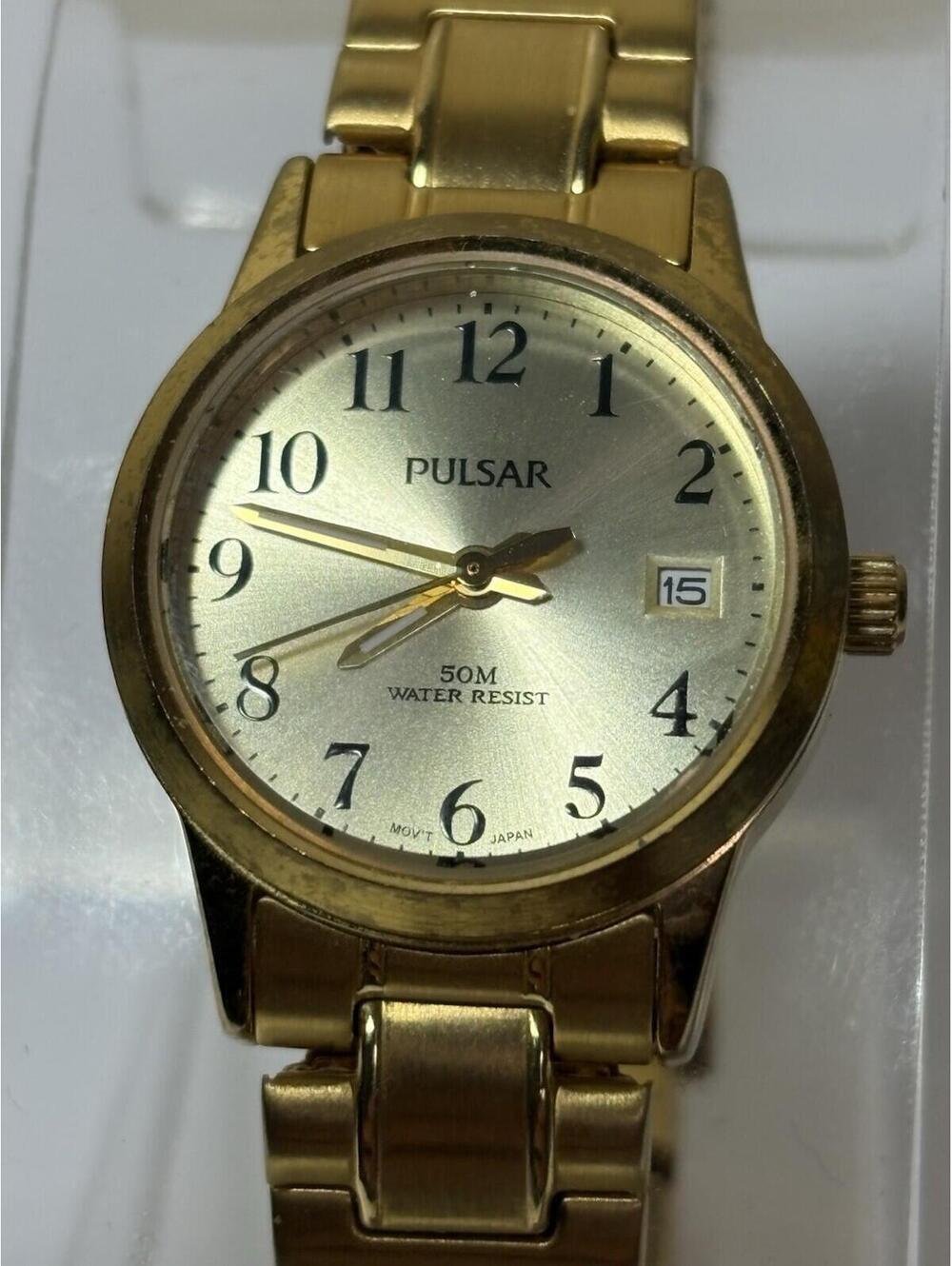 Vtg Pulsar Women's VJ22 X060 Classic Analog w/ Date Gold Tone Watch Flex Band